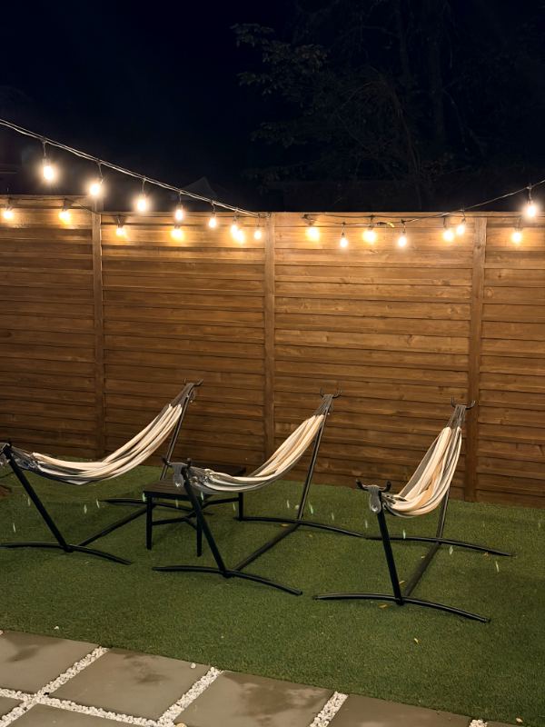 Outdoor lounge chairs at night