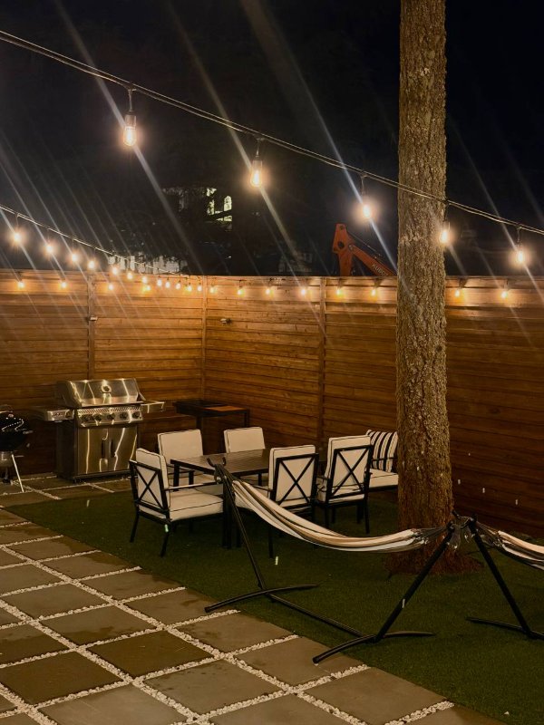 Hammock and string lights in the backyard