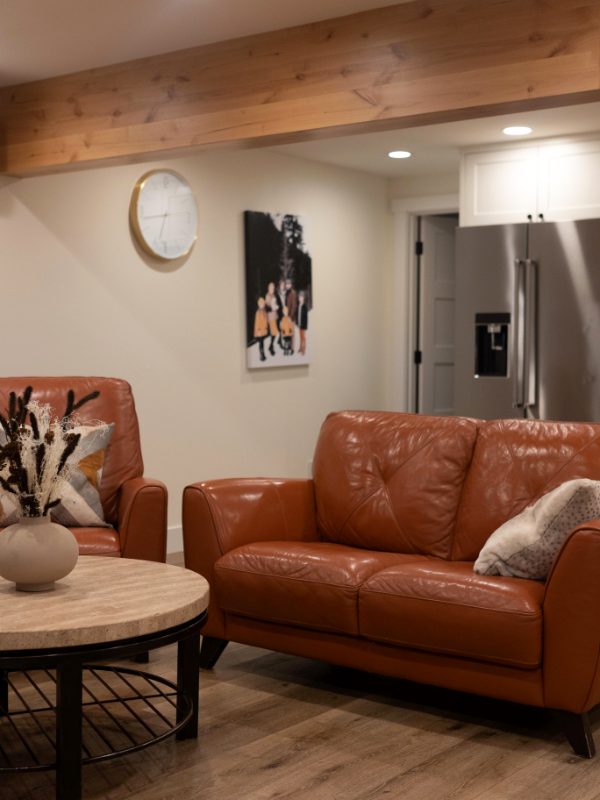 Open lounge with leather sofas and a full kitchen