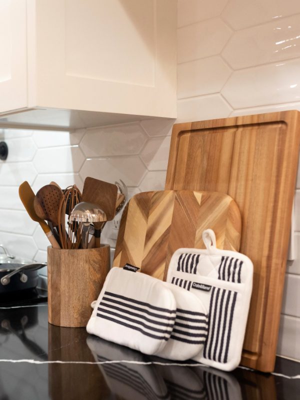 Kitchen counter with cookware and cutting boards