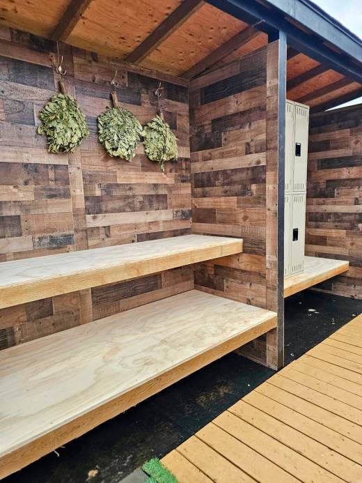 Sauna veniks hanging in the outdoor shelter