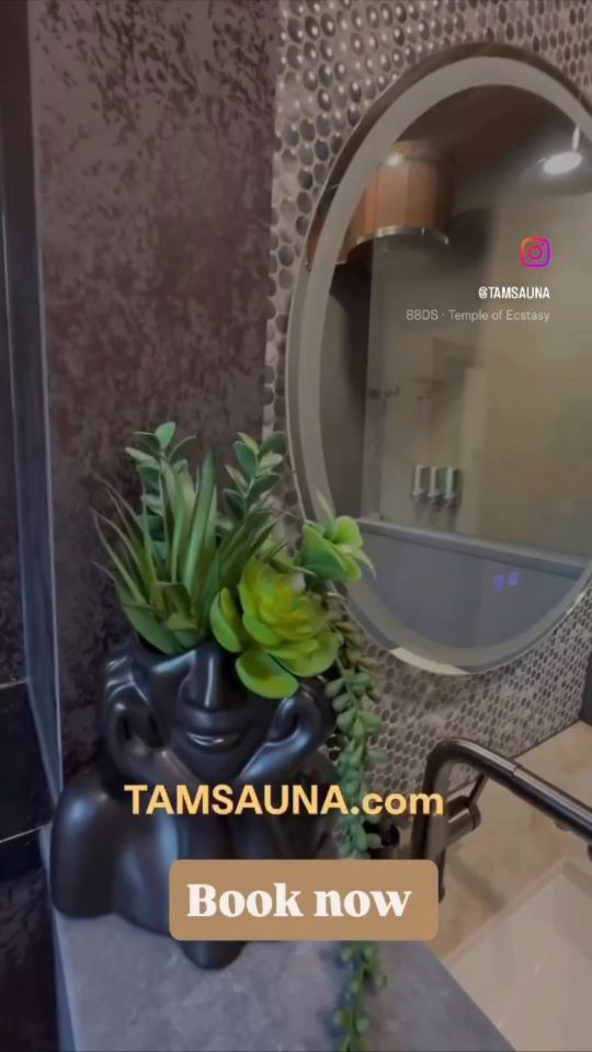 Restroom with a round mirror and plant